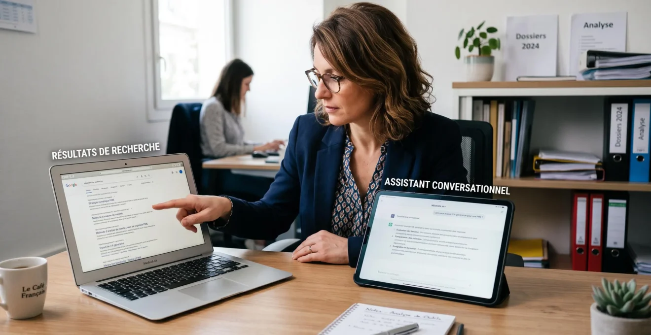 Une responsable compare des résultats de recherche et une réponse conversationnelle générique sur deux écrans
